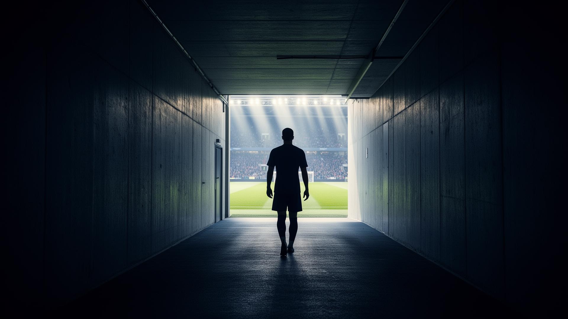 Professional footballer walking through a stadium tunnel toward the pitch